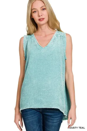 Zenana Double Gauze Raw Edge Acid Washed Tank