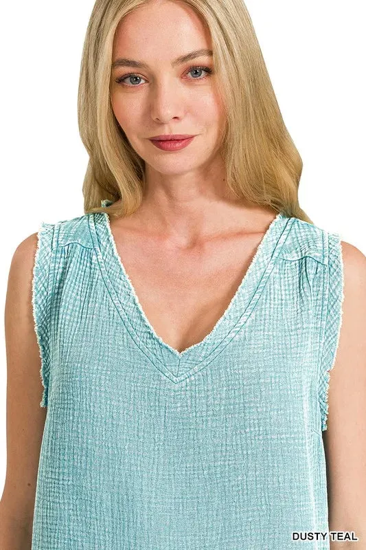 Zenana Double Gauze Raw Edge Acid Washed Tank