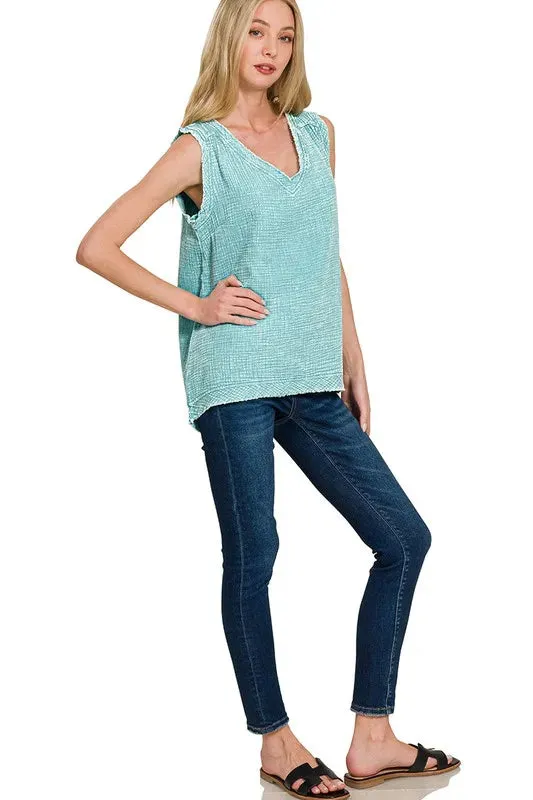 Zenana Double Gauze Raw Edge Acid Washed Tank